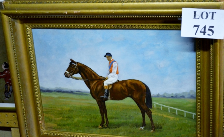 A framed oil on canvas study of a jockey on horseback signed H A Knappert lower right (33 x 47 cm