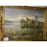 A large gilt framed 20c oil on canvas country landscape scene with lakeside cottage signed Don