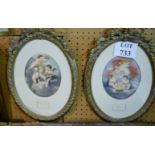 A pair of oval gilt framed and glazed prints cherub scenes titled 'Summer' and 'Winter' est: