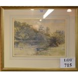 A framed and glazed watercolour study of a countryside lake with fisherman and ducks mono E.M.