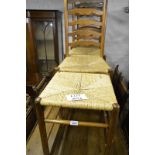 Three oak ladder back rush seated chairs and a stool est: £15-£30