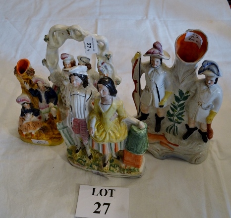 Four Staffordshire flat back figural groups or spill vases (some a/f) est: £30-£50 (A3)