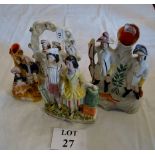 Four Staffordshire flat back figural groups or spill vases (some a/f) est: £30-£50 (A3)