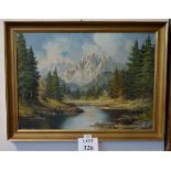 Keller - A framed oil on canvas alpine trees by a river with snowy mountains beyond signed lower