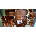 A quantity of copper to include a spirit kettle on stand and an unusual Persian chafing dish,