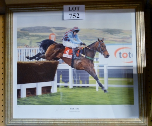 A framed and glazed photograph of the 2002 Cheltenham Gold Cup winner 'Best Mate' signed in pencil