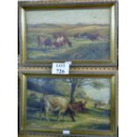 A pair of framed oil on canvas cattle grazing in a landscape 30cm x 50cm approx (a/f) est: £50-£70