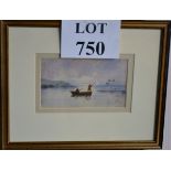 A small framed and glazed watercolour study of 2 men in a boat hunting ducks est: £20-£40