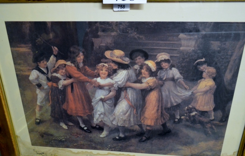 A framed and glazed coloured pears print study of children playing ' Oranges and Lemons ' bears