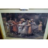 A framed and glazed coloured pears print study of children playing ' Oranges and Lemons ' bears