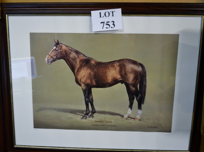 A framed and glazed ltd edition coloured print study of a horse 'Sadlers Webb - Northern Dancer -