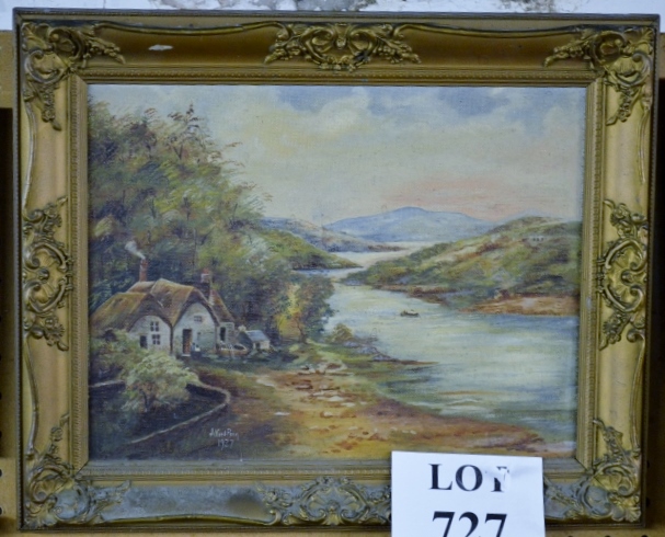 A framed oil on canvas river landscape with crofter's cottage in the foreground,