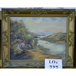 A framed oil on canvas river landscape with crofter's cottage in the foreground,