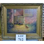 Ray Campbell: a framed oil on board farmyard scene depicting chickens, signed,