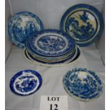 Fourteen 19c blue and white dishes (some