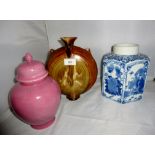 A moon flask vase, a blue & white pot an