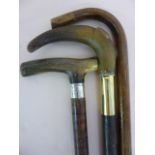 Three walking sticks, two with horn hand
