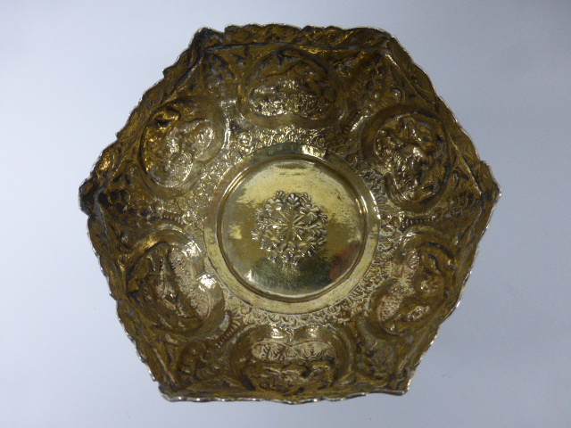 Indian hexagonal white metal gilt lined - Image 3 of 5