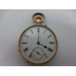 A 14ct gold cased pocket watch with white enamel dial, Roman numerals and subsidiary dial,