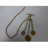 A splendid 18ct gold (tested) pocket watch chain with T-bar and hanging fob of three chains