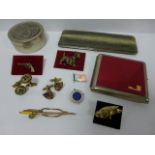 Collection of pins, cuff-links and badge