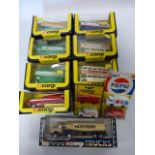 Six Corgi die-cast 469 Routemaster Buses, a 496 Royal Mail Ford Escort,