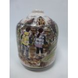Unusual Studio Pottery vase, hand painted with scene of two hikers in mountainous village scene,