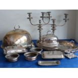 Collection of 19th and 20th Century silver plated items including a pair of three branch silver