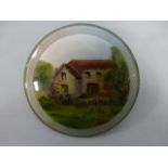 Vintage silver and enamel brooch of circular form with hand painted country house with guilloche