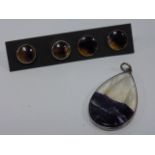 A Blue John tear drop pendant, 34x20mm excluding bale, set in silver together,