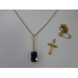 9ct gold 16" necklace with 9ct gold pendant drop, set with a blue stone,