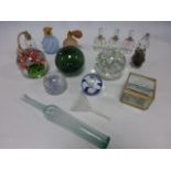 An opalescent glass scent bottle and five others together with other glass to include Caithness