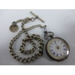 A silver pocket watch chain with T-bar and Victorian 1855 coin attached, dog clip clasp not silver,