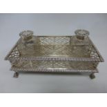 Superb Victorian silver ink stand with twin inkwells, hallmarked London 1881 by maker Robert Harper,