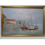 Large framed oil on canvas of fishing boats in a Continental harbour, signed Jones, 100x69.