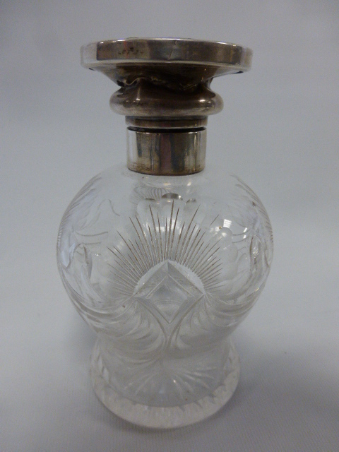 Large cut glass waisted scent bottle with silver collar and replaced tortoiseshell effect centre, - Image 2 of 3