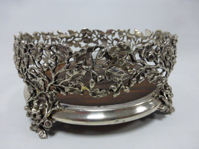 Mid Victorian Elkington silver plated large bottle coaster, with ornate pierced border of oak leaves - Image 2 of 3