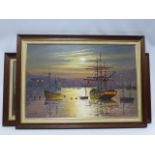 Gordon Allen - two signed oil paintings on canvas, one showing  boats in harbour,