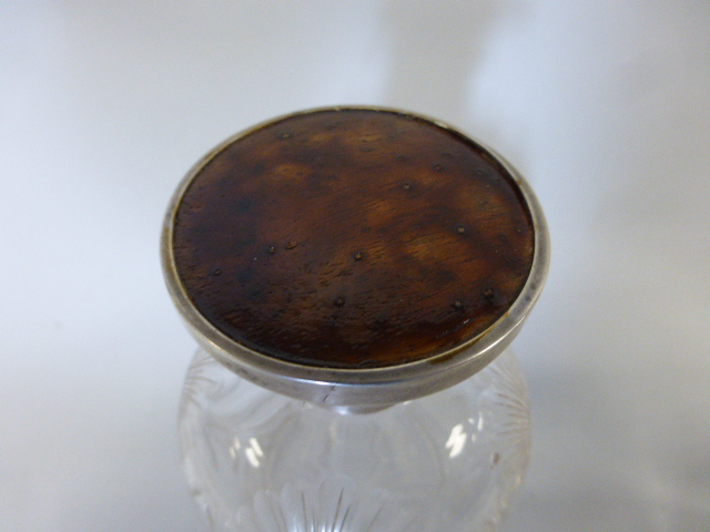 Large cut glass waisted scent bottle with silver collar and replaced tortoiseshell effect centre, - Image 3 of 3