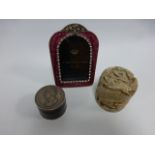 Wooden circular snuff box with metal top and base, lidded stone pot carved decoration of dogs,