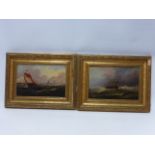 Pair 19th Century oil on board paintings depicting sailing boats and ship on stormy seas, unsigned,