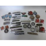 Collection of car decals and badges, together with horse brasses etc.