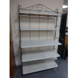 A French style wrought iron Baker's / Bakers stand with five open painted pine shelves, 104x40.