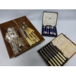 Oak cutlery tray with a collection of A1 plate and other flatware together with cased spoon and