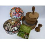 An eclectic mix of items to include two garden sieves, Huntley & Palmers biscuit tin,