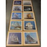 Set of ten nautical coloured prints showing sailing vessels of various type, all named to verso,