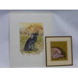 Frankie Cummins (Hungerford artist) - two watercolours, one of a seated black dog (image 26x36),