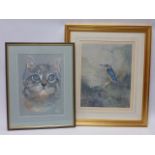 Portrait print of a cat together with a signed Ltd edition print of a kingfisher,