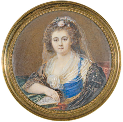 Französische Schule (Ende 18. Jh.)
Portrait d'une femme tenant un livre
Gouache auf Elfenbein
6.5 cm