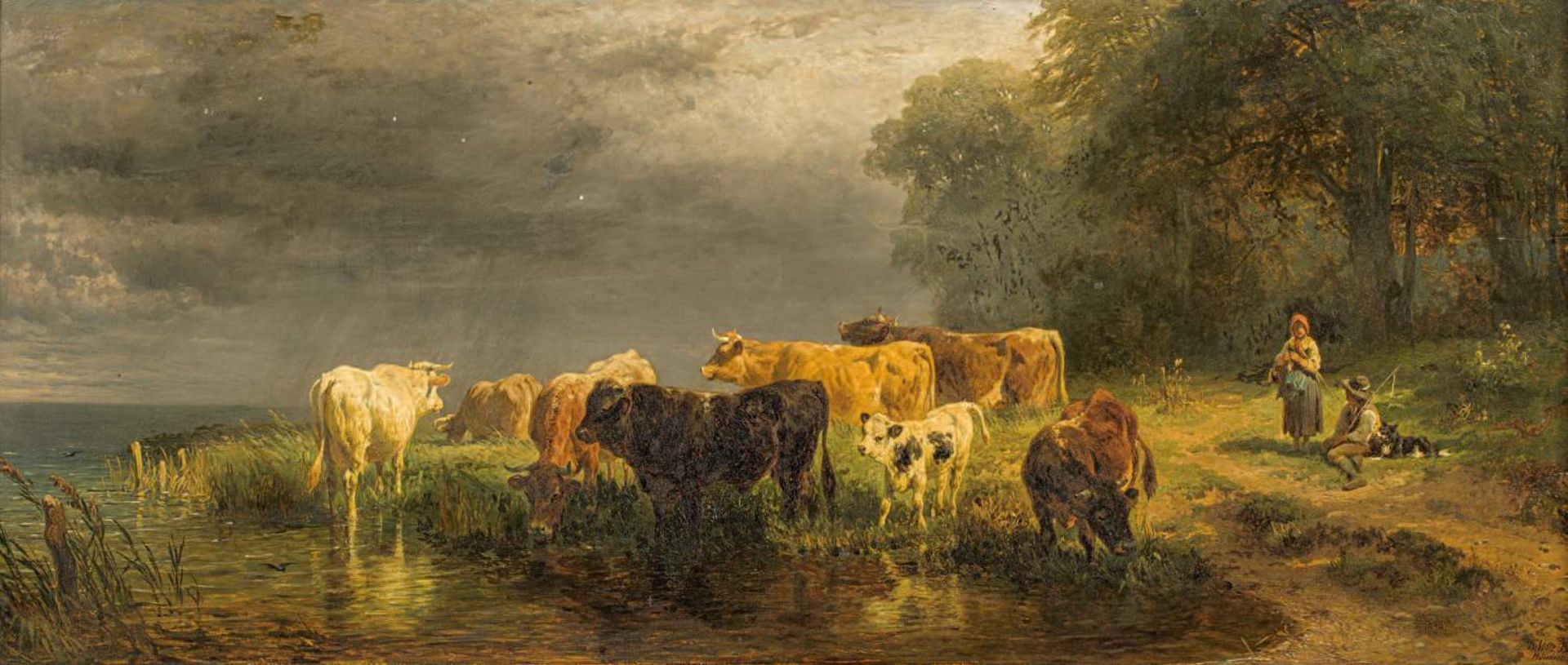 Friedrich Voltz
(1817–1886)
Weidende Kühe und Hirten am Fluss
1868
l auf Holz
unten rechts signiert,